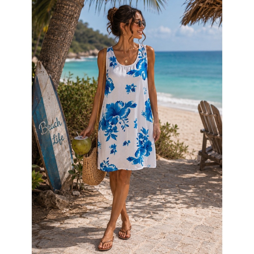 Aloha Fashion Hawaiian Floral Hibiscus Shift Dress White Blue OS